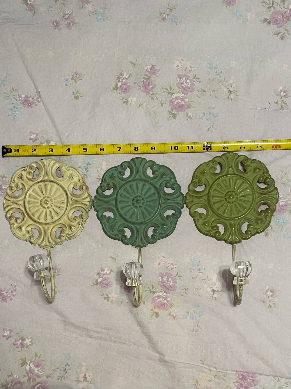 Decorative Metal Wall Hooks in Yellow, Teal, and Olive Green